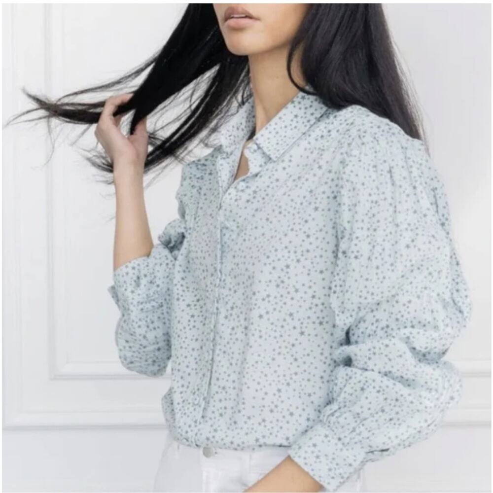 The Shirt Rochelle Behrens Blue Star Print Long Puff Sleeves Button Down Shirt M - Picture 2 of 11